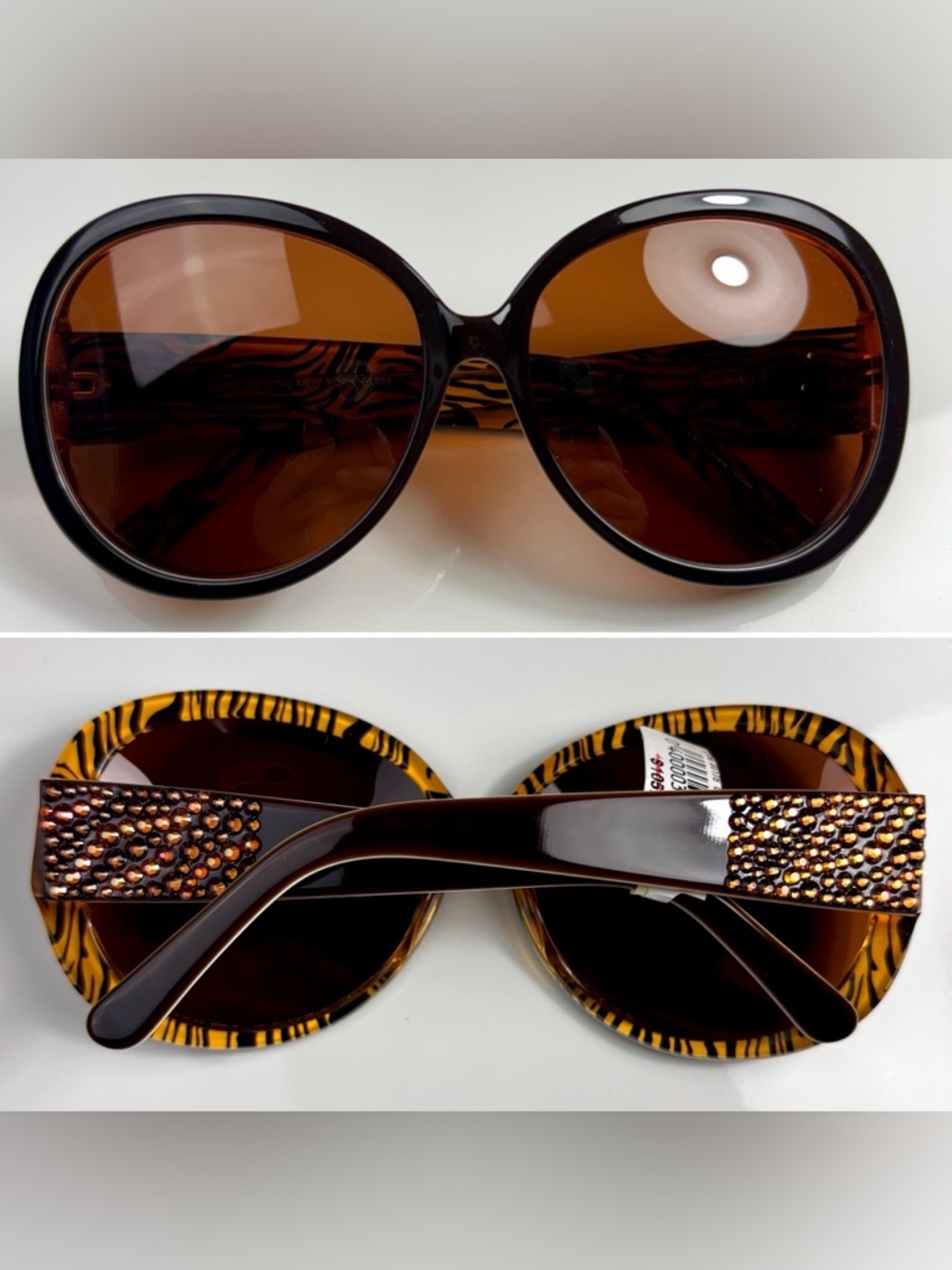 Jimmy Crystal Brown & Tiger Stripe Round Sunglasses w/ Swarovski Crystal Accent